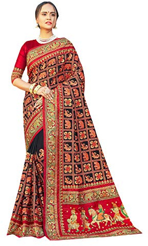 Sari para mujer, seda satinada, bordado pesado, Sari étnico tradicional indio, regalo de boda con blusa sin costura, Negro, talla única