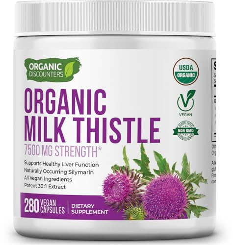 Organic Discounters USDA Organic Milk Thistle 30:1 Extract Capsules, 280 Vegan Capsules, Rich in Silymarin Flavonoids, Liver Cleanse and Liver Detox Support, Standardized 30X Extract, Made in the USA