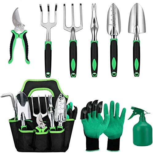 MONODEAL Outils Jardinage, Cadeau Fete des Meres, Outillage de Jardin en Aluminium 10 pièces avec Sac de Jardin, Gants de toilettage de Jardin, débroussailleuse, Pelle de Jardin, Jardin Hommes Femmes