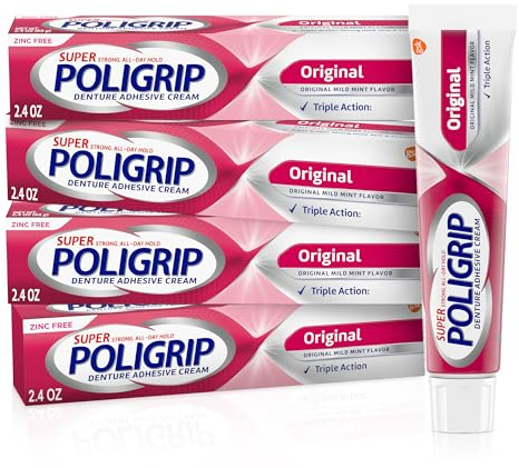 Super Poligrip Original Denture Adhesive Cream, Strong All-Day Hold, Food Seal, Comfort, Clinically Proven, Fresh Mint Flavor, Zinc-Free - 2.4 oz (4 Pack)