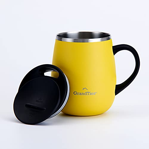 GRANDTIES Taza de café térmica con asa y tapa deslizante para protección contra salpicaduras, 460 ml, color limón