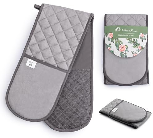 Guanti da forno grigi resistenti al calore, doppio guanto da forno con design antiscivolo in silicone per la cucina domestica, guanti da forno moderni ed eleganti.