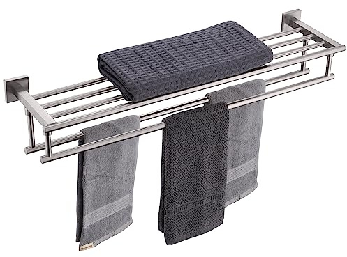 KOKOSIRI Towel Shelf with Double Towel Bars 32 Inches Bathroom Towel Rack Bath Towel Holder Wall Mounted Stainless Steel, Brushed Nickel, B6005BR-L32