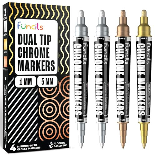 Funcils Liquid Chrome Paint Pen - 4 Dual Tip Mirror Effect Metallic Markers with 2 Silver, 1 Copper, 1 Gold | Reflective Marker for Metal, Plastic, Glass, Resin Art, DIY Crafts, Model Touch Up Paint