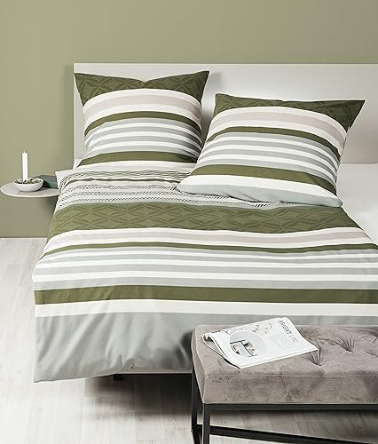 Janine Bettwäsche 135x200cm + 80x80cm Davos - weicher Bettbezug aus Feinbiber - mit Reißverschluss - 100% Baumwolle - Öko-Tex - eukalyptus nachtoliv