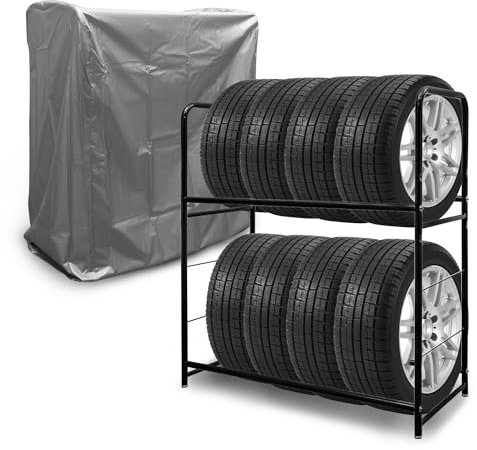 Randaco Däckhylla 8 däck, 2 x däckställ 107 x 46 x 117 cm, fälgträd för bilddäck, lastkapacitet 180 kg, fälghylla med däckskydd, höjdjustering, förvaringshyllor