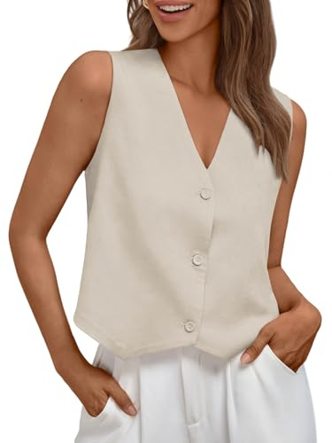 AUTOMET Vest for Women Summer Tops Spring Outfits Linen 2025 Fashion Button Down Sleeveless Business Casual Dressy Clothes Apricot S