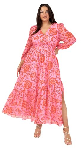 Lovedrobe Women's Ladies Maxi Dress Long Sleeve V-Neck Wrap Front Floral Animal Print Tie-Back A-line Elasticated Waist Pink 22