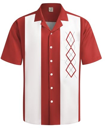Hardaddy Casual randiga skjortor för män button-down kortärmad blus sommar hawaiiansk skjorta, Röd, L
