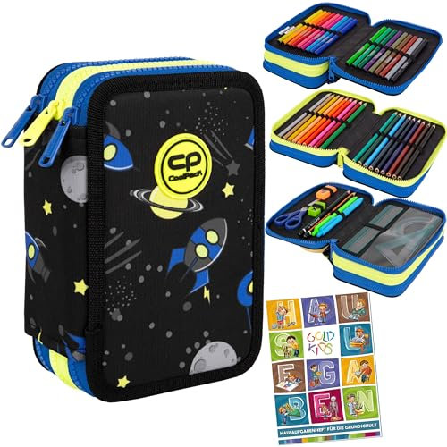 Goldkids - Federmäppchen 3 Fächer - Mäppchen für Mädchen und Jungen - Federmappe 3-Fach Federtasche Gefüllte Schüleretui 46-teilig - Schulmäppchen und Hausaufgabenheft - Raketen/Weltraum Motiv