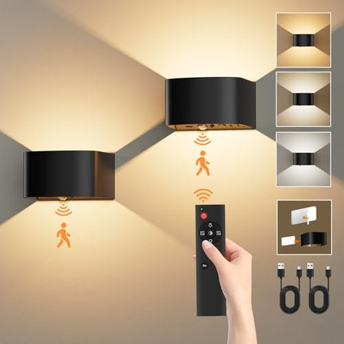 Vakola Wandleuchte, 5500mAh - Akku Wandleuchte Mit Bewegungssensor, LED Wandlampe Innen Mit 3 Farben - Up and Down Leuchten Mit 3 Modi Fernbedienung - Schwarz Lampe Mit Batterie Wandlicht