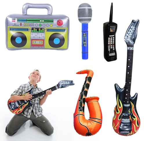 Chitarra Gonfiabile Rock Palloncino, WJWINER 5 pezzi Strumenti Giocattolo Gonfiabile, Microfono Gonfiabile, Air Guitars Colorato, per Carnevale Compleanno Ragazzi Ragazze Bomboniere Photo Puntelli