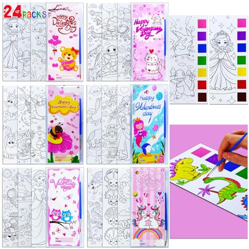 JUNQIU 24 Pack Valentines Day Cards For Kids School, Watercolor Coloring Book Set, Valentines Day Gifts For Kids Classroom Exchange, Paint Party Favors Valentines Crafts
