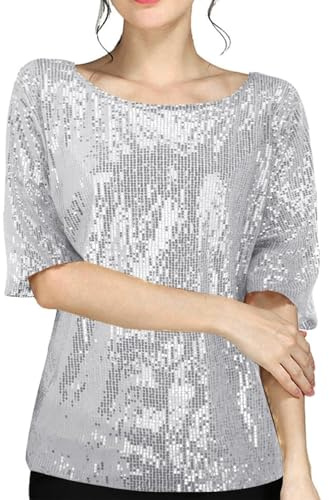 Haut Soirée Femme Col Rond Brillant Métallisé Glitter Blouse Femme Chic Et Élégant Grandes Tailles Casual Basique Paillettes Haut À 3/4 Manches Décontracté Brillante Sequins Étincelle Tops Soiree