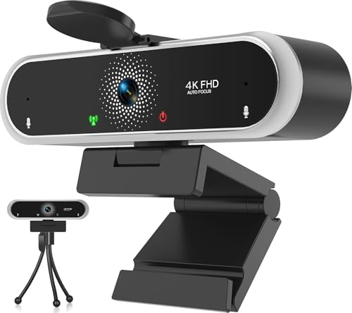 Webcam 4K with Microphone and Webcam Cover Plug and Play with Auto Light Correction for Laptop PC Desktop for Live Streaming Video Call Conference