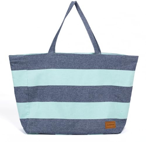 MOMOMUS Bolso de Playa Mujer para Verano - Grande, 100% Algodón Reciclado y Reversible - Bolsa de Playa XXL Familiar ideal para Piscina -Azul-Verde Mar, 50x40 cm