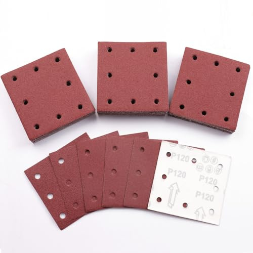 Sruhrak 110x115mm Schleifpapier, 50 Stück Schleifblatt 120 Körnung Set Rechteckiges Schleifblatt Klett 8 Löcher Schleifpad für Schwingschleifer