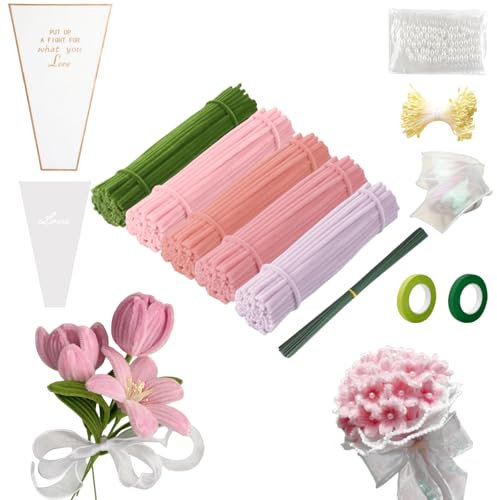 FINEVERNEK 250 Pièces Fil Chenille Bouquet de Tulipes, 5 Couleurs de Cure Pipe Chenille, avec Floratape et Tige Fleur Artificielle, Adapté aux Fournitures de Bouquet de Fleurs et de Décoration DIY