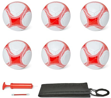 Amazon Basics 6er-Pack Größe 4 Fußbälle mit Pumpe und Tasche – Trainingsball-Set, PVC-Konstruktion, Butylblase, maschinengenähte Übungsbälle für Mannschaften, Schulen, Camps, Weiß und Rot
