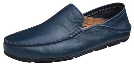 Läderskor, herr, breda fötter, fritidsskor, herr, läder, halvskor, platt sula, promenadskor utan skosnören, träningsskor, slip-on, slip-on-skor, lätta sportskor, halkfria träningsskor, blå, 44 EU