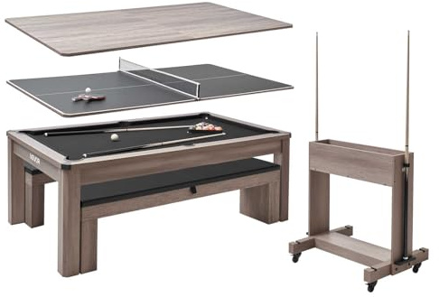 VEVOR Table de Billard 3 en 1, Table à Manger Transformable en Billard et Tennis de 214 cm, avec 2 bancs de Rangement pour Porte-queues, Brosse à Craie, Support pour Boules, pour Domicile, Club