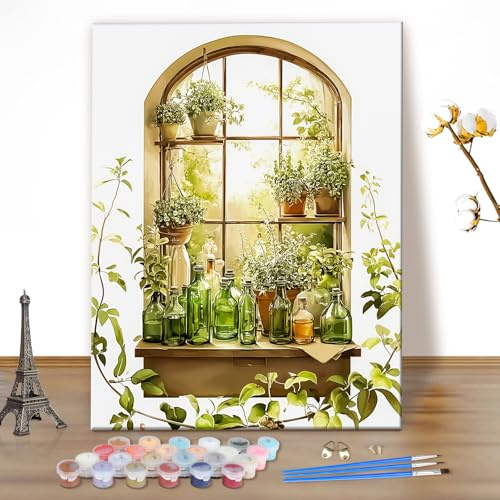 MEIYUDA Peinture par Numero Adulte, Vue de la fenêtre Kit de Peinture à l'Huile sur Toile par Numéro, Decoration Maison Cadeau 40x50cm(sans Cadre)