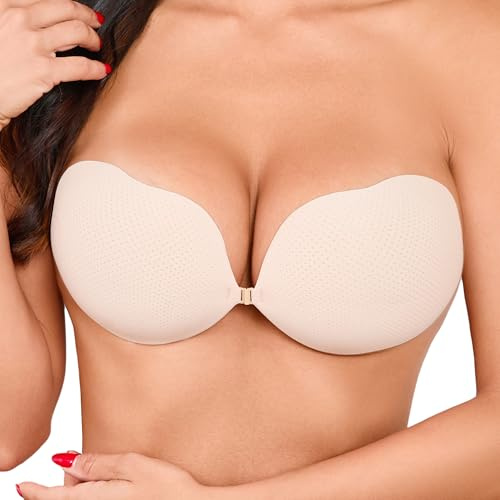 Hioffer Women's Sticky Push up Adhesive Bra Strapless Invisible Stick on Bras for Backless Dresses, Wedding, Party, Beige, Cup F