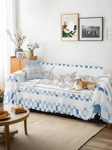 Blue Plaid Farmhouse Sofa Cover Blanket Couch Covers for Armchair Cushion,Couch Sofa Silpcover with Tassel,Watercolor Cute Country Pigs Checkered Living Room Throw Towel Blanket Covers XX-L 71x150