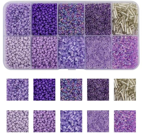 KINGSHINE Approx 5000pcs 12/0 Glass Seed Beads for Jewelry Making, 2mm Mix 10 Colors Tube Beads Glass Bugle Beads Waist Beads Kit for Bracelets Necklaces Earrings DIY Supplies (Lavender)