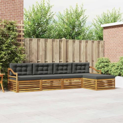 mzdioop Outdoor Sofa Set 5-Piece Solid Acacia Wood with Cushions in Natural and Anthracite, Weatherproof, Modular and Comfortable for Garden, Patio, Balcony and Relaxed Seating Groups