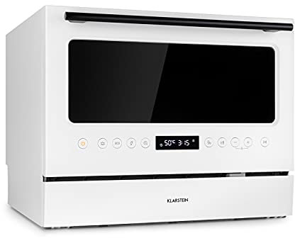 Klarstein Azuria Tischgeschirrspüler, freistehend, 6 Maßgedecke, Wasserverbrauch: 6,5 Liter, 5 Spülprogramme, Selbstreinigung, 49 dB, Design-Tür mit schwarzer Glasfront, weiß