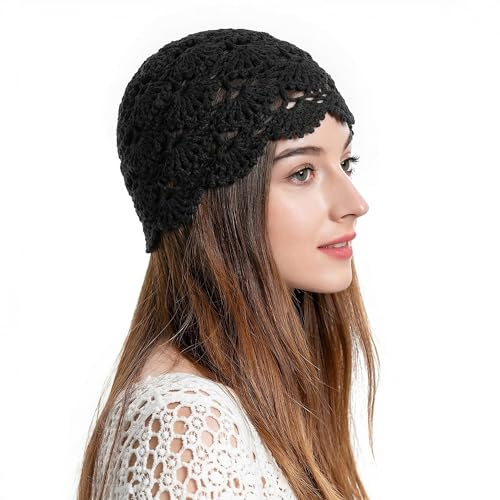 ZLYC Bonnet crocheté en Coton pour Femme avec Motif tête de Mort et découpe Florale Faite à la Main, Noir uni, Taille Unique