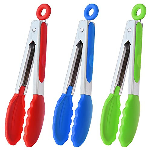 HINMAY 7-Inch Mini Tongs with Silicone Tips Small Serving Tongs Kitchen Tongs, Set of 3 (Red Blue Green)