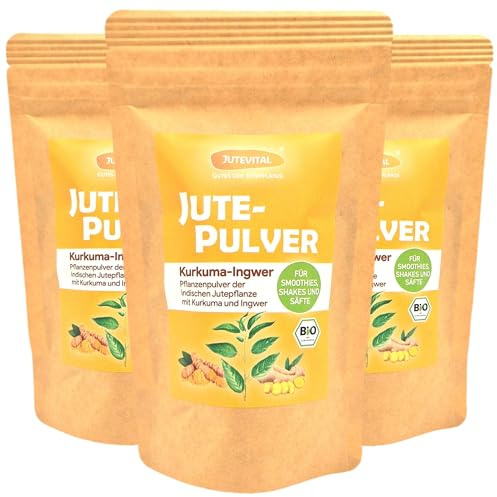 Confezione vantaggiosa in polvere di iuta con curcuma e zenzero | Frullato in polvere mix con ferro, vitamina K, calcio, vitamina E, vitamina C, delizioso anche come tuffo | confezione risparmio