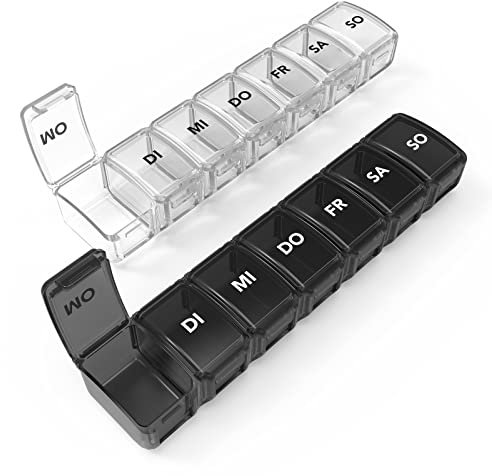 Pillendose 7 Tage 2 Tabletten Deutschland, SUKUOS 2 Stück Pillendose 7 Fächer, Handlicher und Feuchtigkeitsbeständiger Medikamentenbox, Pillendose (Schwarz + Weiß)