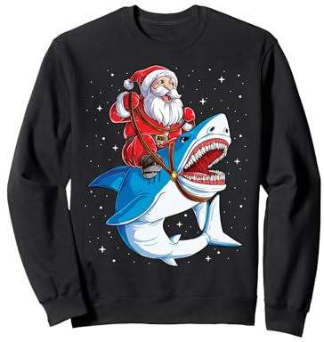 Père Noël avec Requin équitant pour garçons et Enfants Sweatshirt, Unisexe pour Adultes, Noir, L