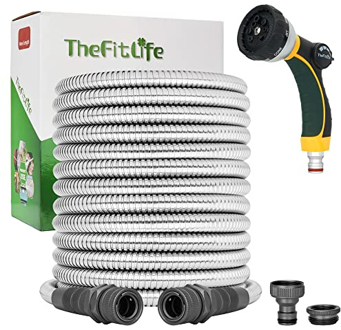 TheFitLife Metal Garden Hose Pipe - Flexible Stainless Steel Water Hose with Solid Fittings and Sprayer Nozzle - Leak Proof Kink Free, Anti-Rust, Large Diameter, Durable and Easy Storage (15m)