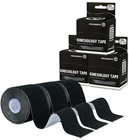 Rehband Kinesiologie Tape zur Selbstanwendung, Physio Sport-Tape zur Unterstützung von Gelenken & Muskulatur, wasserfest, hautfreundlich, elastisch, Farbe:3 x Schwarz, Größe:3 Rollen