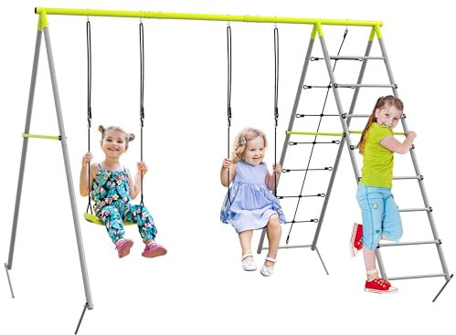 Outsunny Balançoire portique pour Enfant 4 en 1 avec 2 siège de balançoire, échelle grimpeuse et Filet d'escalade, Structure métallique, balançoire de Jardin, Charge Max. 180 kg, Vert