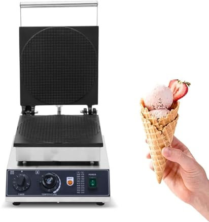 Genérico Máquina eléctrica para Hacer Conos de gofre, máquina Comercial de Acero Inoxidable para Hacer Conos de Helado Superficie Antiadherente para Hacer Conos de Helado caseros DIY(Round)