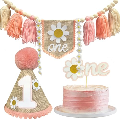 Yoolhamy Barnstol banner 1. Födelsedag med födelsedagskrona, dekorationer och tårtdekoration för första födelsedag, pojkar och flickor (baby girl Daisy)