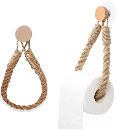 Self Adhesive Chunky Rope Toilet Roll Holder, Kitchen Roll Holder Log Style, Vintage Style Bathroom Towel Holder Stick On/Screw In Wall Mounted Tissue String