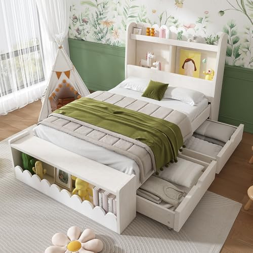 Modern Lit de Rangement Simple 90x190 cm, lit d'adolescent avec tiroirs, Cadre de lit en Bois avec sommier à Lattes, étagères et Banc avec Espace de Rangement(sans Matelas)