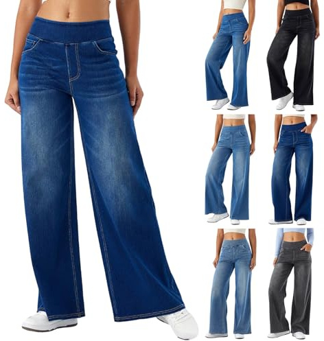 Jean Femme Taille Haute Elastique Coupe Droite Jean Large Femme Taille Elastique Ultra Confortable Baggy Jeans Wide Leg à Jambe Large Coupe Ample Pantalon Fluide éTé Pas Cher Denim Pants