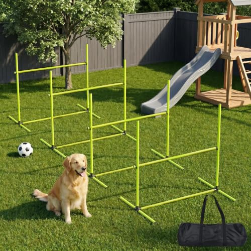YRHome Hundar agility hinder set agility-utrustning för hundar 4 x hinder slalom stänger hundar träning hundsport 104 x 70 x 101 cm justerbar höjd hundträningsset med ficka, grön