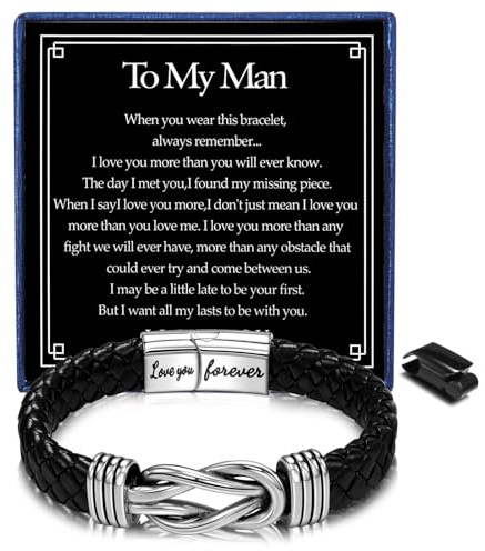 Joykee Mens Leather Bracelets Jewellery Stainless Steel Adjustable Wrist Bracelet Men Gifts for Him Husband Boyfriend with Card Letters Birthday Present To My Man