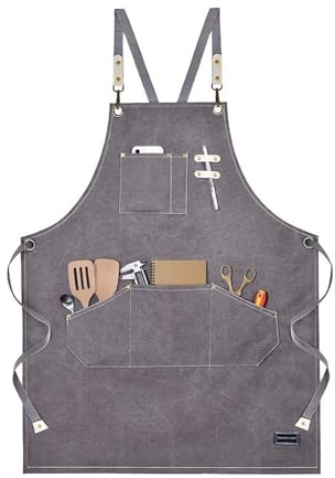 GPDNBIEU, Delantal de trabajo con múltiples bolsillos for hombre, delantal herramientas ajustable resistente espalda cruzada lona algodón for cocina, jardinería y cafetería(Grijs)