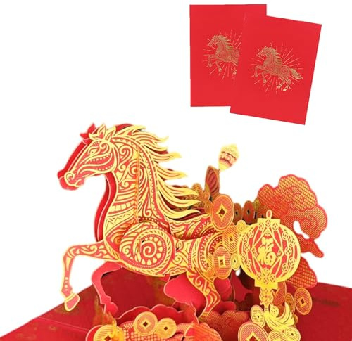 Tarjetas de Año Nuevo Chino 2026, tarjeta desplegable 3D del Año del Caballo, tarjetas de regalo de Año Nuevo chino, tarjetas de Año Nuevo Lunar con sobre, tarjetas de felicitación para festivales de