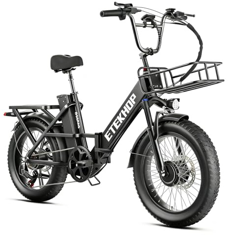 DESHENG D20PRO adult electric bicycle is equipped with single and dual 36V 20A/42.4AhH removable batteries, 20 x 3.0 wide tires, and hydraulic brakes (Black, Dual battery 36V 42.4AH)