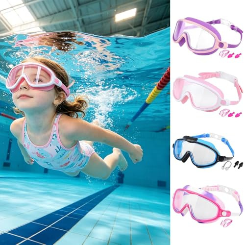 Barns Simgoggles Brett Synfält Anti-Dim Och UV-Glasögon | Med Näsklämma Och Öronproppar, Justerbar Rem, Läckagefria Simgoggles för åldrar 3-14 år pojkar flickor pool utomhus